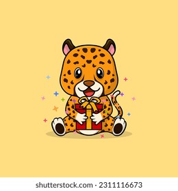 Vector cute baby cheetahcartoon happy holding gift flat icon illustration. Flat bear vector illustration, flat icon sticker isolated.
