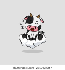 Vector cute baby cow cartoon sleeping on the cloud icon illustration. Flat cute animal vector illustration, flat icon sticker isolated.