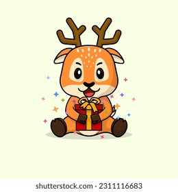 Vector lindo bebé dibujos animados de ciervo feliz sosteniendo regalos planos ilustración de icono. Ilustración vectorial de oso plano, aislado icono plano.