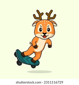 Vector cute baby deer cartoon playing skateboard icon flat illustration. Flat bear vector illustration, flat icon sticker isolated.