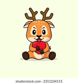 Vector cute baby deer cartoon holding love icon flat illustration. Flat cute animal vector illustration, flat icon sticker isolated.