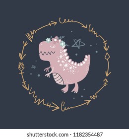 Vector cute baby dinosaur art. Nursery illustration. It can be used for wall art, greeting card, poster, kids apparel and more