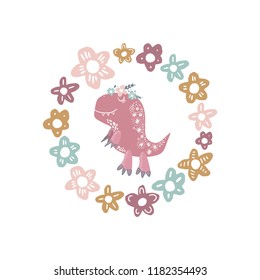 Vector cute baby dinosaur art. Flowers frame. Kawaii girl t-rex. Nursery illustration. It can be used for wall art, greeting card, poster, kids apparel and more