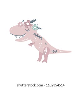 Vector cute baby dinosaur art. Nursery illustration. Kawaii girl t-rex. It can be used for wall art, greeting card, poster, kids apparel and more