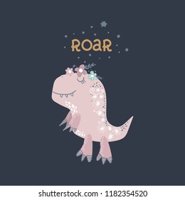 Vector cute baby dinosaur art. Nursery illustration. It can be used for wall art, greeting card, poster, kids apparel and more