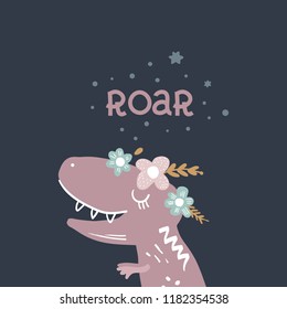 Vector cute baby dinosaur art. Kawaii girl t-rex. Nursery illustration. It can be used for wall art, greeting card, poster, kids apparel and more