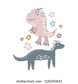 Vector cute baby dinosaur art. Nursery illustration. It can be used for wall art, greeting card, poster, kids apparel and more