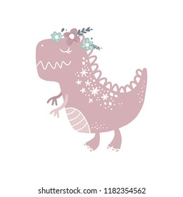Vector cute baby dinosaur art. Kawaii girl t-rex. Nursery illustration. It can be used for wall art, greeting card, poster, kids apparel and more