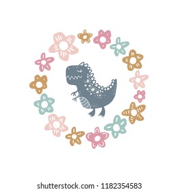 Vector cute baby dinosaur art. Flowers frame. Nursery illustration. It can be used for wall art, greeting card, poster, kids apparel and more