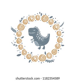 Vector cute baby dinosaur art. Flowers frame. Nursery illustration. It can be used for wall art, greeting card, poster, kids apparel and more