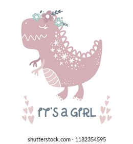 Vector cute baby dinosaur art. Kawaii girl t-rex. Nursery illustration. It can be used for wall art, greeting card, poster, kids apparel and more