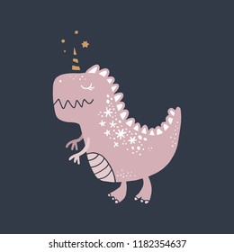 Vector cute baby dinosaur art. Dino unicorn, dinocorn. Nursery illustration. It can be used for wall art, greeting card, poster, kids apparel and more