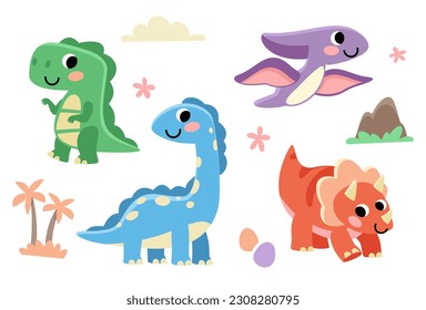 Vector cute baby dinosaurs set, stegosaurus, brontosaurus, tyrannosaurus