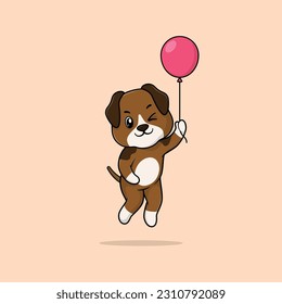 Vector cute baby dog cartoon floating holding ballon icon illustration. Flat bear vector illustration, flat icon sticker isolated.
