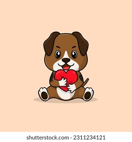 Vector cute baby dog cartoon holding love icon flat illustration. Flat cute animal vector illustration, flat icon sticker isolated.