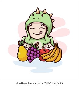 vector of cute baby dragon eating fruits