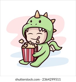 vector of cute baby dragon eating popcorn