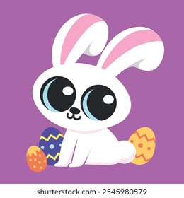 Vector cute baby easter bunny with big eyes, with easter eggs. Festive vector illustration of an animal with eggs. Happy Easter greeting card, flat art