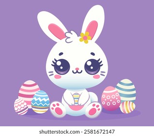 Vector cute baby easter bunny with big eyes, with colorful easter eggs. Festive vector illustration of an animal with eggs. Happy Easter greeting card, flat art