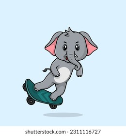 Vector cute baby elephant cartoon playing skateboard icon flat illustration. Flat bear vector illustration, flat icon sticker isolated.