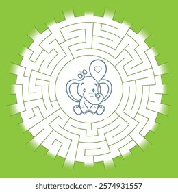 Vector cute baby elephant holding a pink heart balloon sitting in the middle of a circular maze.