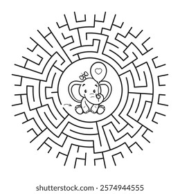 Vector cute baby elephant holding heart balloon sitting in the middle of a circular maze. Coloring book