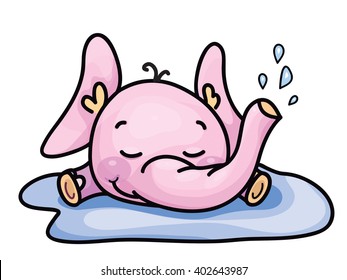 Vector cute baby elephant in puddle, isolated.