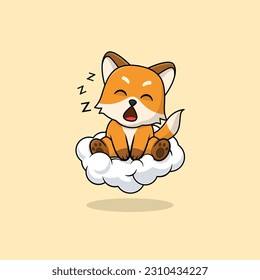 Vector cute baby fox cartoon sleeping on the cloud icon illustration. Flat cute animal vector illustration, flat icon sticker isolated.