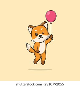 Vector cute baby fox cartoon floating holding ballon icon illustration. Flat bear vector illustration, flat icon sticker isolated.