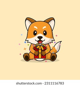 Vector cute baby fox cartoon happy holding gift flat icon illustration. Flat bear vector illustration, flat icon sticker isolated.