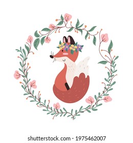 Vector cute baby fox with a flower crown surrounded with flowers and plants garland
