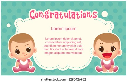 Vector cute baby girl characters greeting card, congratulations card