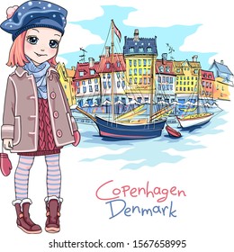 Vector Cute Baby girl in winter clothes in harbor Nyhavn, Old Town of Copenhagen, capital of Denmark.