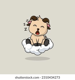 Vector cute baby goat cartoon sleeping on the cloud icon illustration. Flat cute animal vector illustration, flat icon sticker isolated.