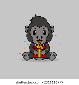 Vector cute baby gorilla cartoon happy holding gift flat icon illustration. Flat bear vector illustration, flat icon sticker isolated.