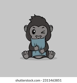 Vector cute baby gorilla cartoon hug pillow flat vector icon illustration. Flat vector illustration, flat icon sticker isolated.