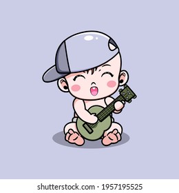 vector of cute baby with hat playing guitar