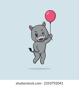 Vector cute baby hippo cartoon floating holding ballon icon illustration. Flat bear vector illustration, flat icon sticker isolated.