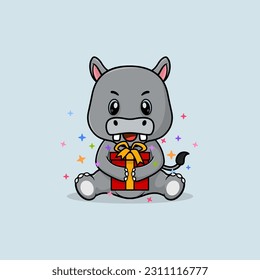 Vector cute baby hippo cartoon happy holding gift flat icon illustration. Flat bear vector illustration, flat icon sticker isolated.