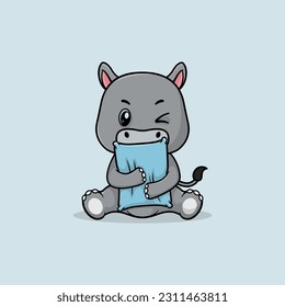 Vector cute baby hippo cartoon hug pillow flat vector icon illustration. Flat vector illustration, flat icon sticker isolated.