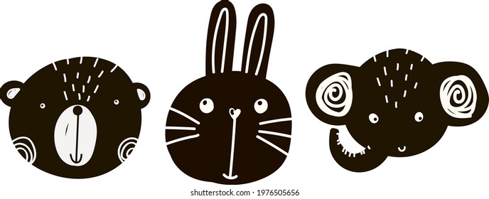 vector cute baby illustration with forest animals muzzles, scandinavian style