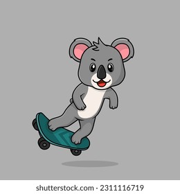 Vector cute baby koala cartoon playing skateboard icon flat illustration. Flat bear vector illustration, flat icon sticker isolated.