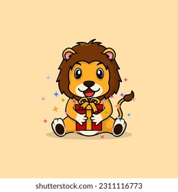 Vector cute baby lion cartoon happy holding gift flat icon illustration. Flat bear vector illustration, flat icon sticker isolated.