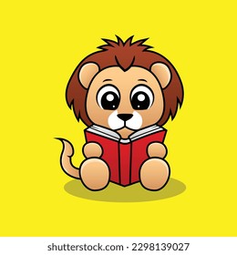Vector cute baby lion reading book mascot illustration, cartoon, study, knowledge, yellow background