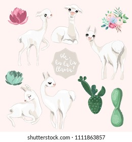 Vector cute baby llama, alpaca characters set. Sketch, outline, cartoon illustratuon with flowers, floral bouquet, cactuses, succulents bloom and vintage frame