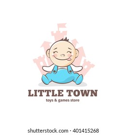 Vector cute baby logo in sketch style. Toys and games store doodle logo in tender colors with little castle on the background