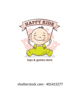 Vector cute baby logo in sketch style. Toys and games store doodle logo in tender colors with little castle on the background