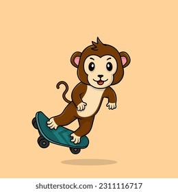 Vector cute baby monkey cartoon playing skateboard icon flat illustration. Flat bear vector illustration, flat icon sticker isolated.