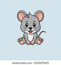 Vektorcute Baby-Maus Cartoon Sitzen Symbol Illustration. Flache Maus-Vektorgrafik, flacher Ikonenaufkleber einzeln.