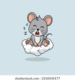 Dibujo de ratón de bebé lindo vector durmiendo en la ilustración del icono de la nube. Ilustración vectorial lisa y llana, aislada con icono plano.